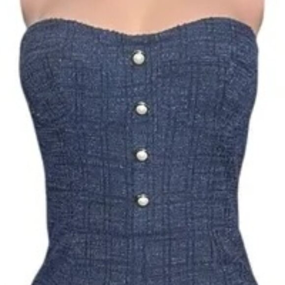 NEW! Blue Tweed Knit Sleeveless Tube Top Pearl Button Corset Shorts Romper - Picture 4 of 5